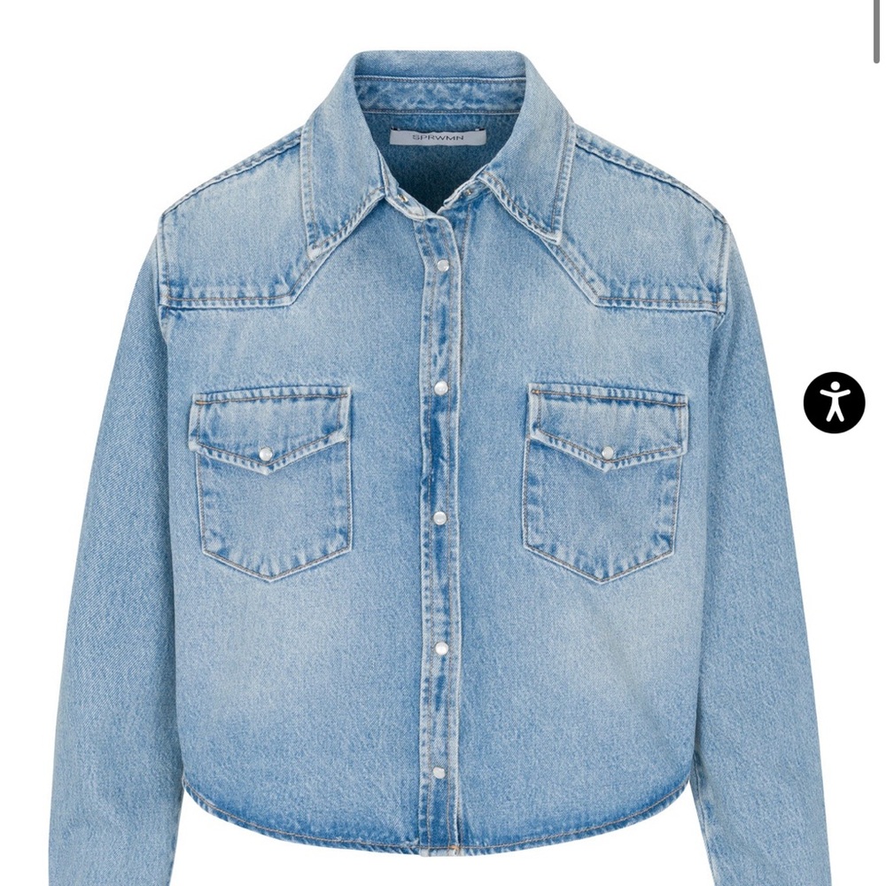 SPRWMN Cropped Classic Light Blue Denim Shirt with Pearl snaps